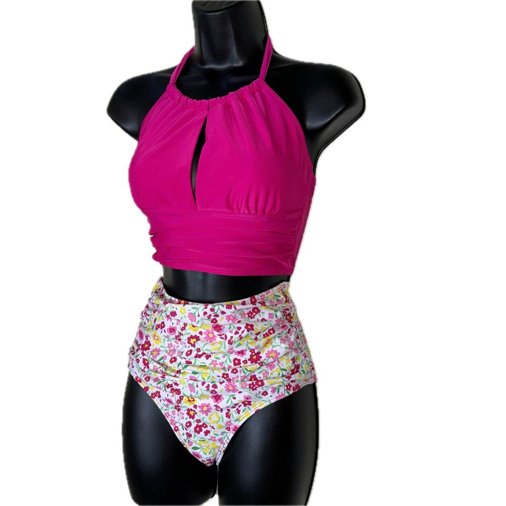 New Small Tankini‎ 2 Piece Swimsuit Swim Beach Floral Pink Halter High